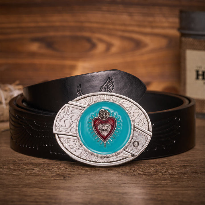 Rose & Evil Eye Turquoise Enamel Hidden Folding Knife Buckle Leather Belt - Turquoise Evil Eye - Black Embossed Eagle Belt - 42 - image 2