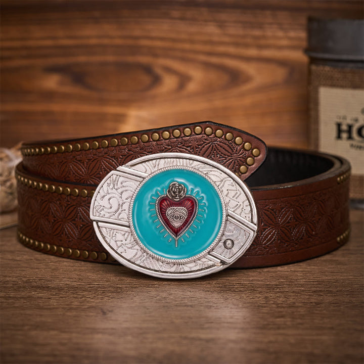 Rose & Evil Eye Turquoise Enamel Hidden Folding Knife Buckle Leather Belt - Turquoise Evil Eye - Brown Rivet Belt - 42 - image 4