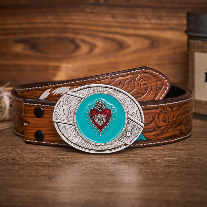 Rose & Evil Eye Turquoise Enamel Hidden Folding Knife Buckle Leather Belt - Turquoise Evil Eye - Brown Feather Belt - 40 - image 7