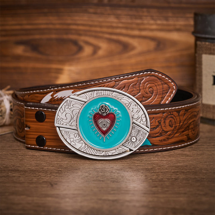 Rose & Evil Eye Turquoise Enamel Hidden Folding Knife Buckle Leather Belt - Turquoise Evil Eye - Brown Feather Belt - 40 - image 7
