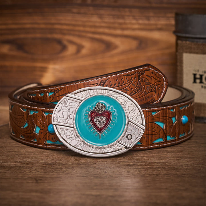 Rose & Evil Eye Turquoise Enamel Hidden Folding Knife Buckle Leather Belt - Turquoise Evil Eye - Turquoise Carved Belt - 42 - image 3