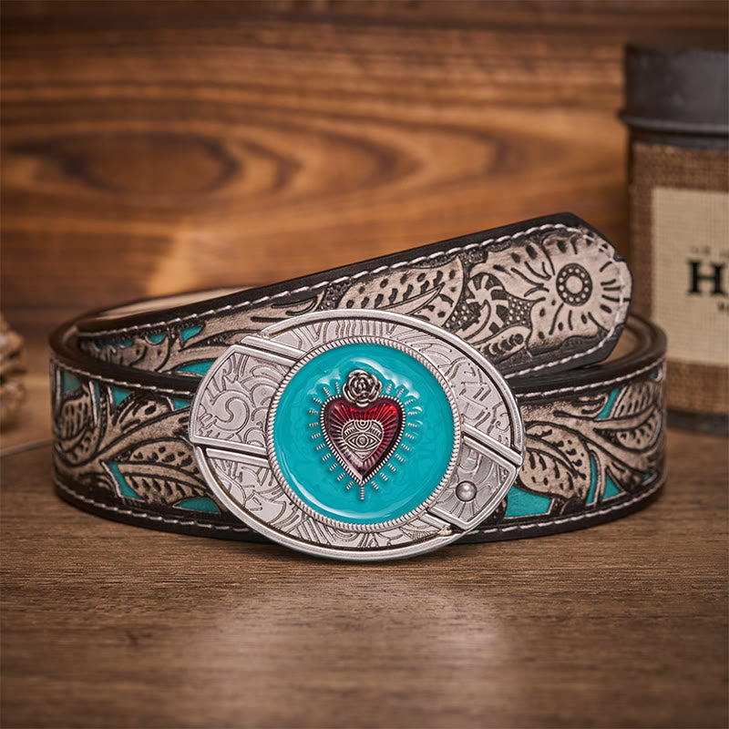 Rose & Evil Eye Turquoise Enamel Hidden Folding Knife Buckle Leather Belt - Turquoise Evil Eye - Gray Floral Belt - 42 - image 8