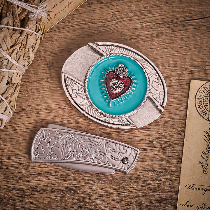Rose & Evil Eye Turquoise Enamel Hidden Folding Knife Buckle Leather Belt - image 9