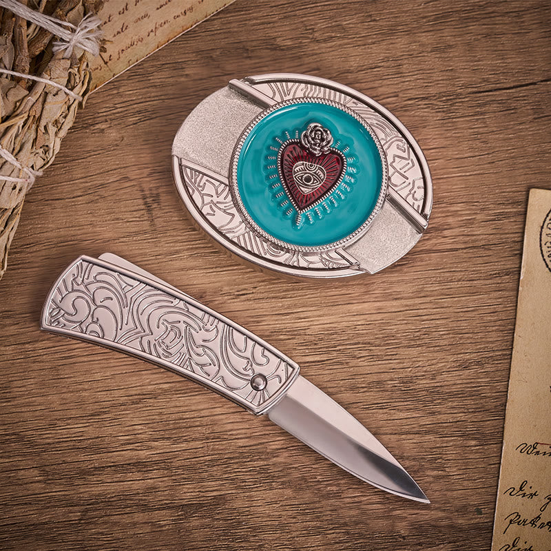 Rose & Evil Eye Turquoise Enamel Hidden Folding Knife Buckle Leather Belt - image 1