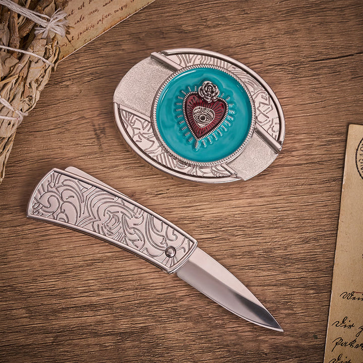 Rose & Evil Eye Turquoise Enamel Hidden Folding Knife Buckle Leather Belt - image 1