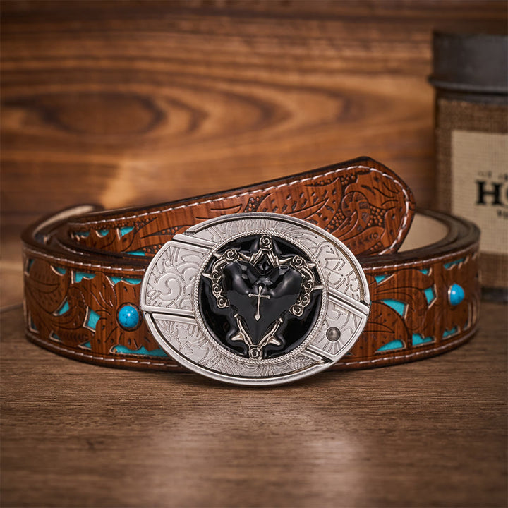 Dark Vow Black Heart Hidden Folding Knife Buckle Leather Belt - Black Heart - Turquoise Carved Belt - 42 - image 3