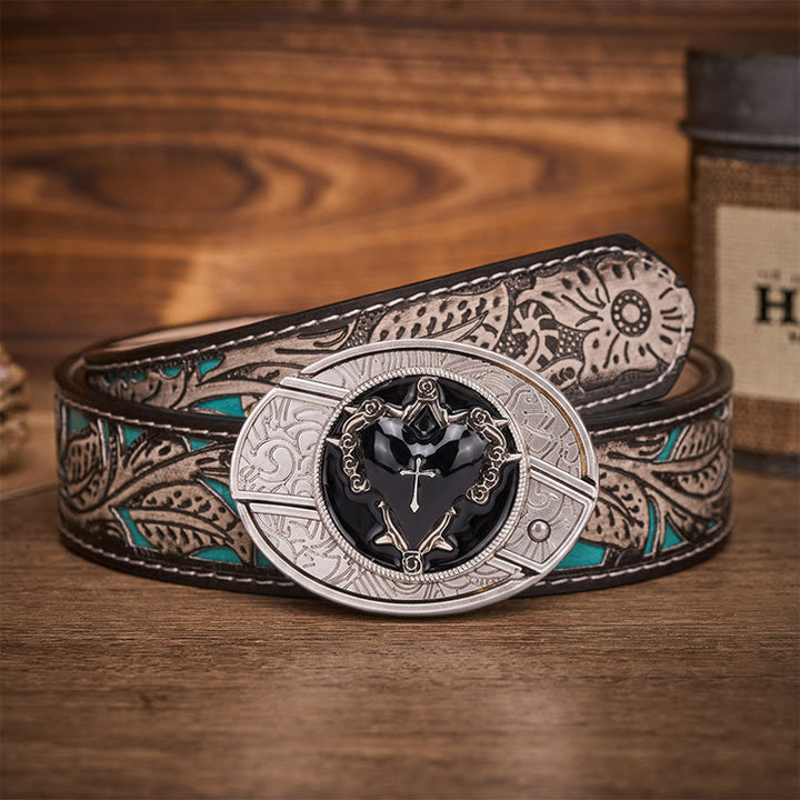 Dark Vow Black Heart Hidden Folding Knife Buckle Leather Belt - Black Heart - Gray Floral Belt - 42 - image 8