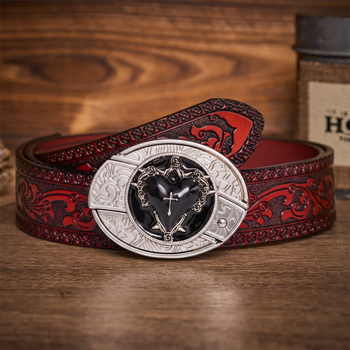 Dark Vow Black Heart Hidden Folding Knife Buckle Leather Belt - Black Heart - Brown Carved Belt - 42 - image 6