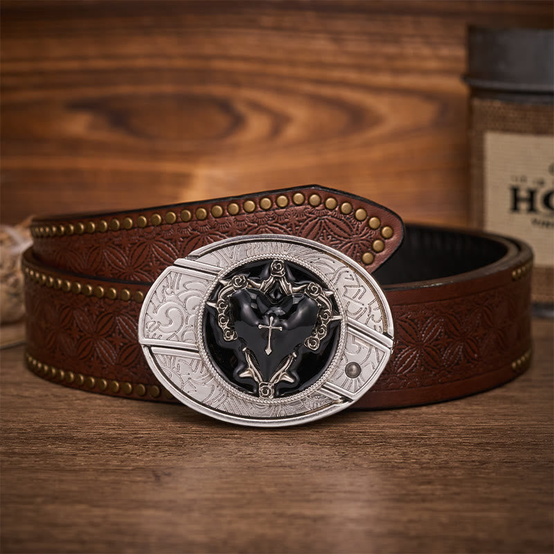 Dark Vow Black Heart Hidden Folding Knife Buckle Leather Belt - Black Heart - Brown Rivet Belt - 42 - image 4