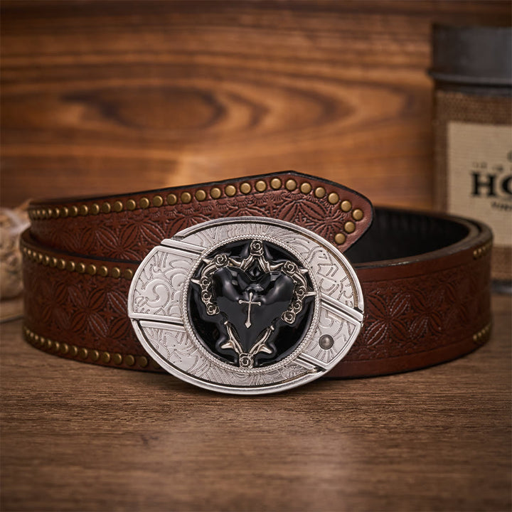 Dark Vow Black Heart Hidden Folding Knife Buckle Leather Belt - Black Heart - Brown Rivet Belt - 42 - image 4