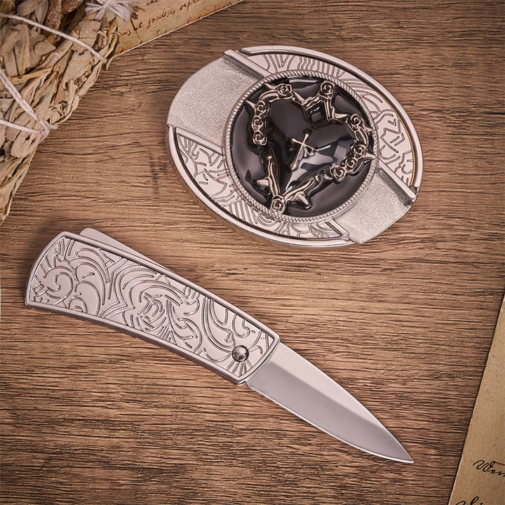 Dark Vow Black Heart Hidden Folding Knife Buckle Leather Belt - image 1
