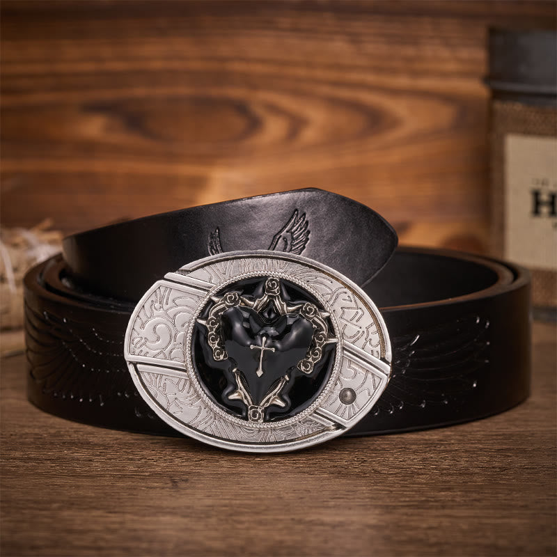 Dark Vow Black Heart Hidden Folding Knife Buckle Leather Belt - Black Heart - Black Embossed Eagle Belt - 42 - image 2