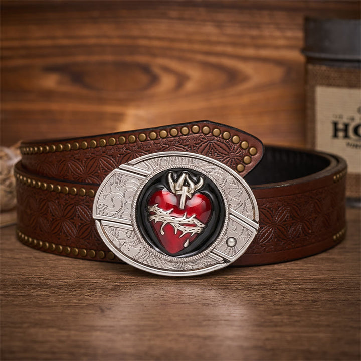 Bleeding Sacred Heart With Thorns Hidden Folding Knife Buckle Leather Belt - Bleeding Sacred Heart - Brown Rivet Belt - 42 - image 4