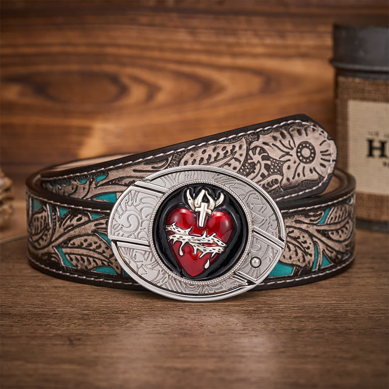 Bleeding Sacred Heart With Thorns Hidden Folding Knife Buckle Leather Belt - Bleeding Sacred Heart - Gray Floral Belt - 42 - image 8