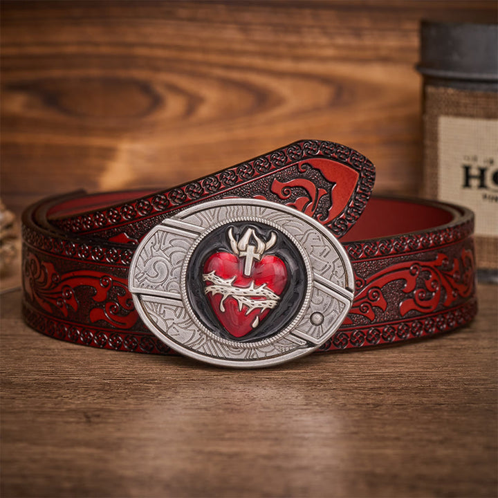 Bleeding Sacred Heart With Thorns Hidden Folding Knife Buckle Leather Belt - Bleeding Sacred Heart - Brown Carved Belt - 42 - image 6