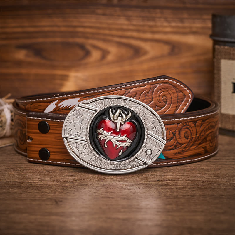 Bleeding Sacred Heart With Thorns Hidden Folding Knife Buckle Leather Belt - Bleeding Sacred Heart - Brown Feather Belt - 40 - image 7