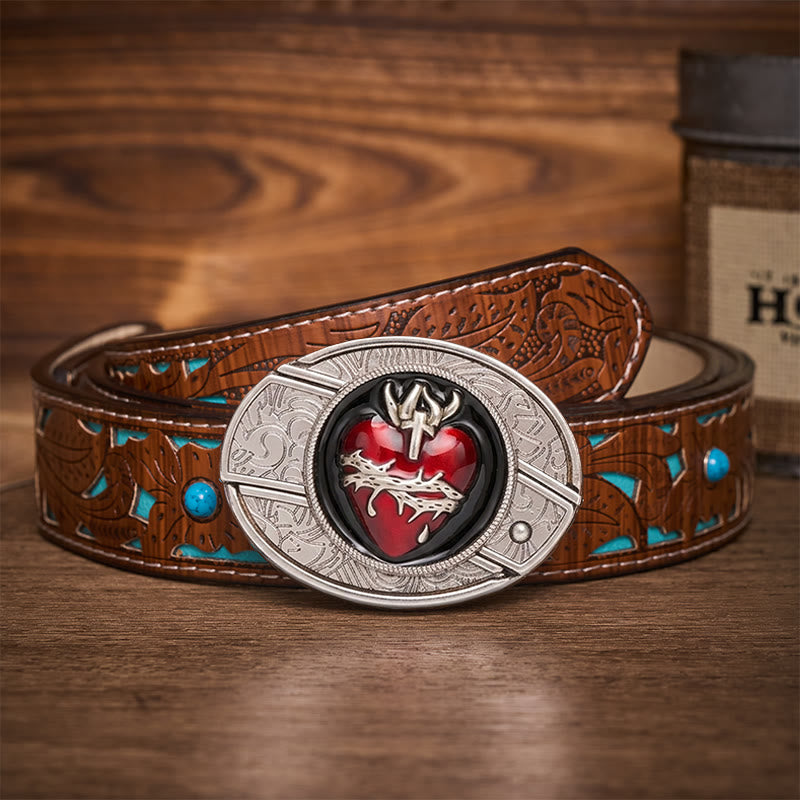 Bleeding Sacred Heart With Thorns Hidden Folding Knife Buckle Leather Belt - Bleeding Sacred Heart - Turquoise Carved Belt - 42 - image 3