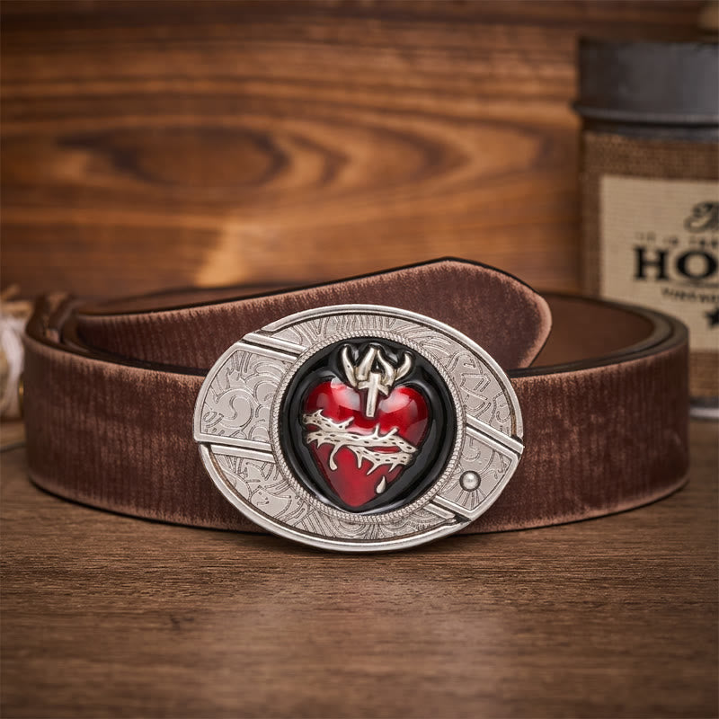 Bleeding Sacred Heart With Thorns Hidden Folding Knife Buckle Leather Belt - Bleeding Sacred Heart - Brown Distressed Belt - 42 - image 5