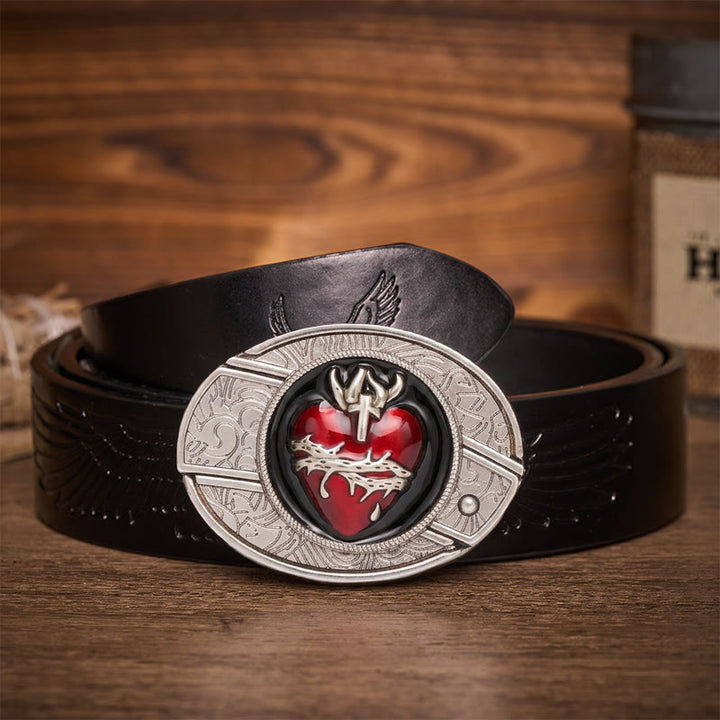 Bleeding Sacred Heart With Thorns Hidden Folding Knife Buckle Leather Belt - Bleeding Sacred Heart - Black Embossed Eagle Belt - 42 - image 2