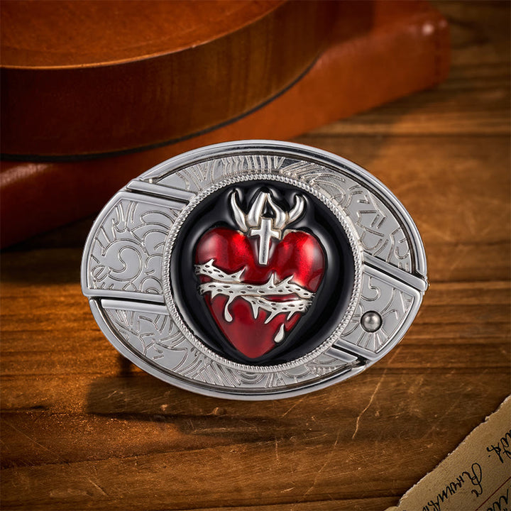 Bleeding Sacred Heart With Thorns Hidden Folding Knife Buckle Leather Belt - Bleeding Sacred Heart - Without Belt - Not Included Belt - image 0