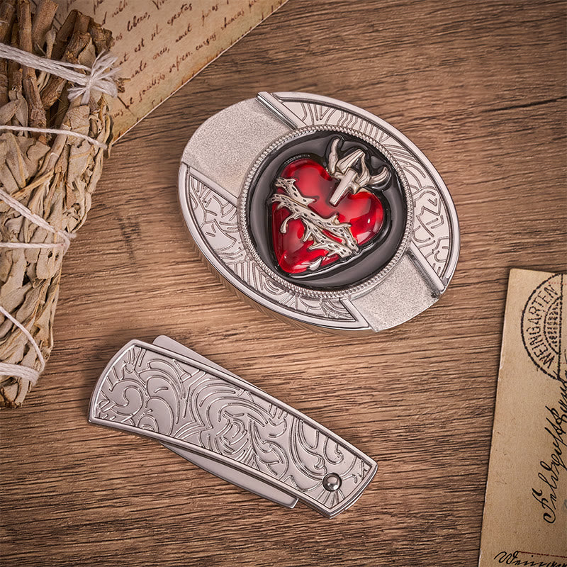 Bleeding Sacred Heart With Thorns Hidden Folding Knife Buckle Leather Belt - image 10