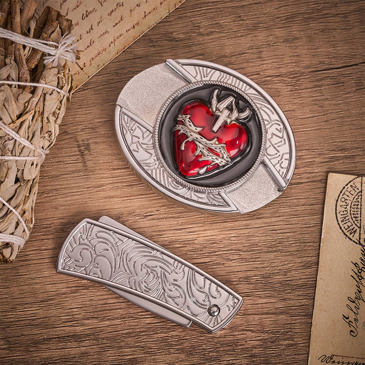 Bleeding Sacred Heart With Thorns Hidden Folding Knife Buckle Leather Belt - image 10