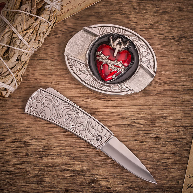 Bleeding Sacred Heart With Thorns Hidden Folding Knife Buckle Leather Belt - image 1