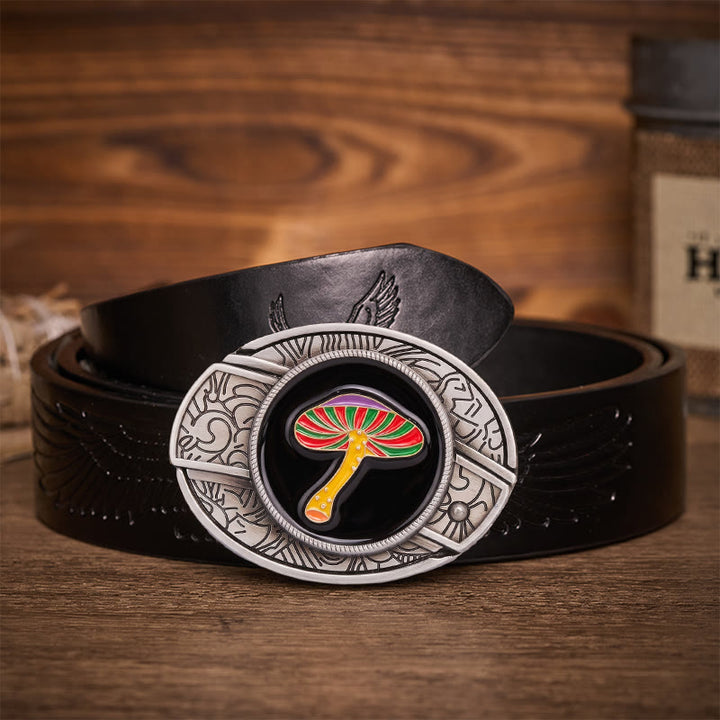Rainbow Psychedelic Mushroom Hidden Folding Knife Buckle Leather Belt - Rainbow Mushroom - Black Embossed Eagle Belt - 42 - image 2