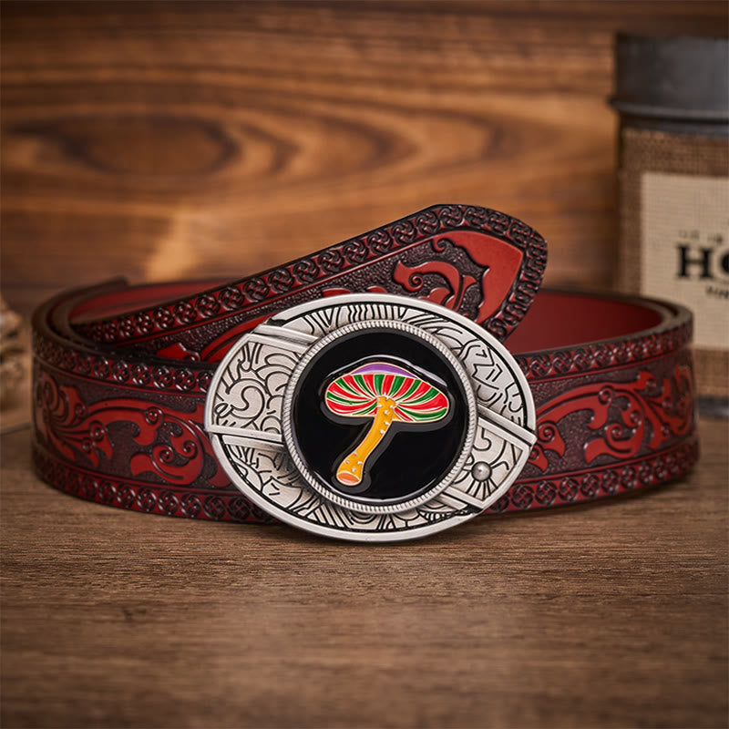 Rainbow Psychedelic Mushroom Hidden Folding Knife Buckle Leather Belt - Rainbow Mushroom - Brown Carved Belt - 42 - image 6