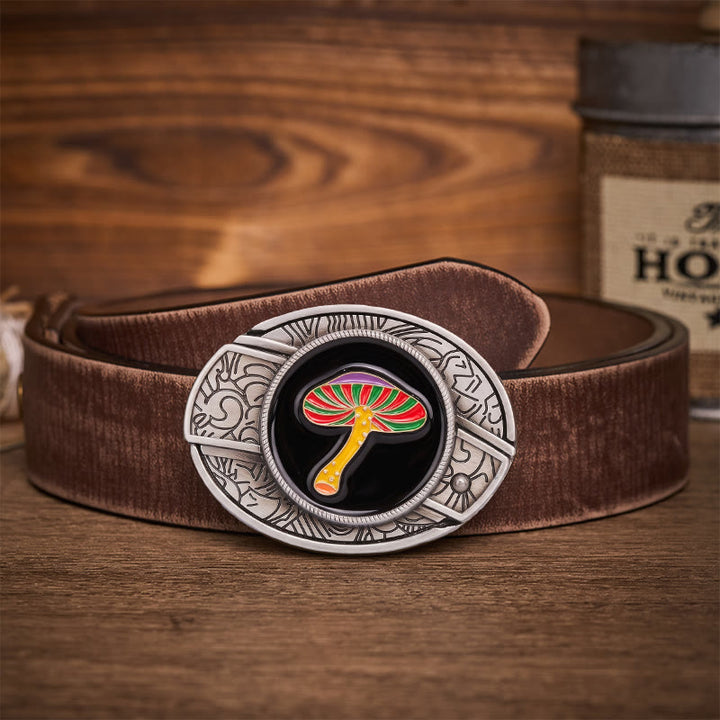 Rainbow Psychedelic Mushroom Hidden Folding Knife Buckle Leather Belt - Rainbow Mushroom - Brown Distressed Belt - 42 - image 5