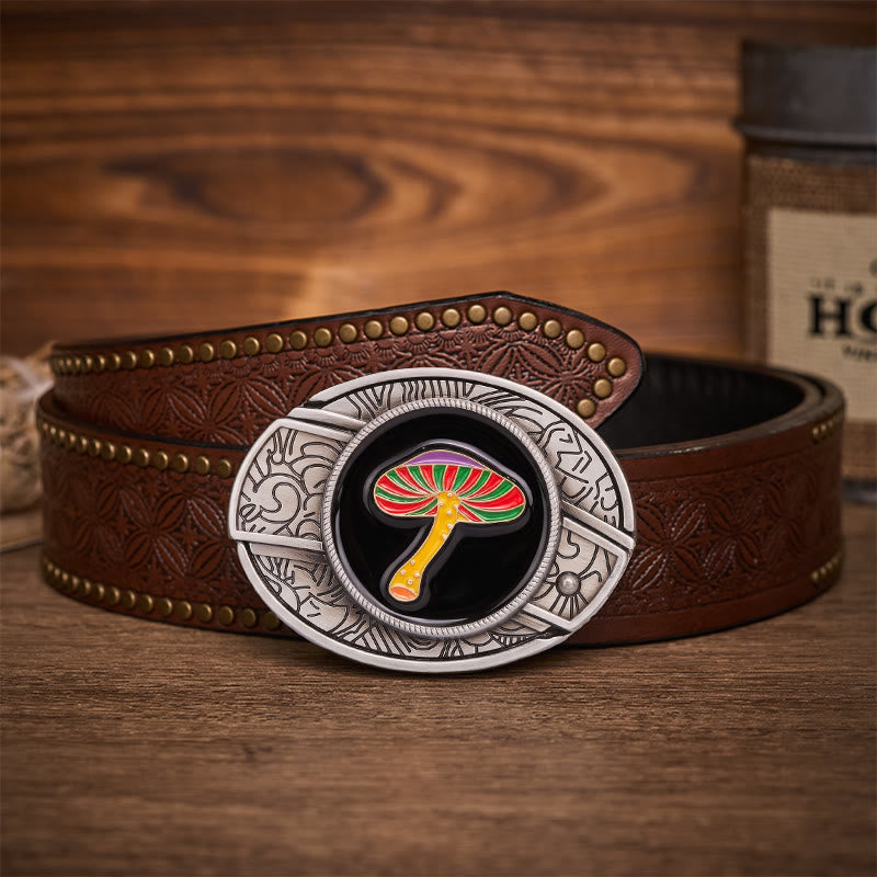 Rainbow Psychedelic Mushroom Hidden Folding Knife Buckle Leather Belt - Rainbow Mushroom - Brown Rivet Belt - 42 - image 4