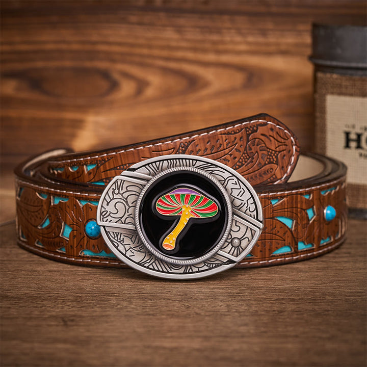 Rainbow Psychedelic Mushroom Hidden Folding Knife Buckle Leather Belt - Rainbow Mushroom - Turquoise Carved Belt - 42 - image 3