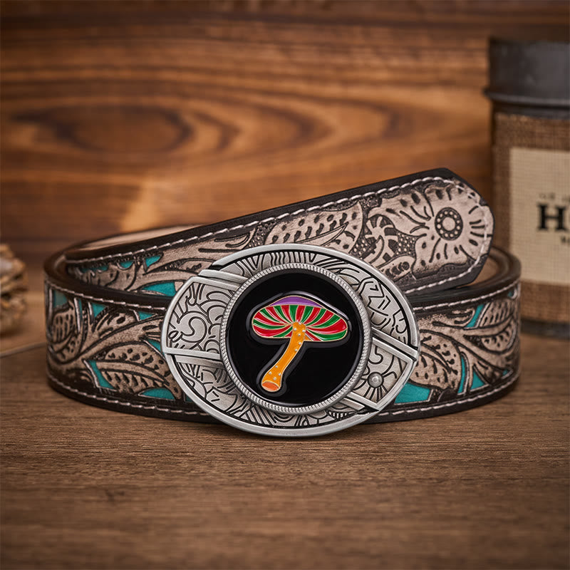 Rainbow Psychedelic Mushroom Hidden Folding Knife Buckle Leather Belt - Rainbow Mushroom - Gray Floral Belt - 42 - image 8