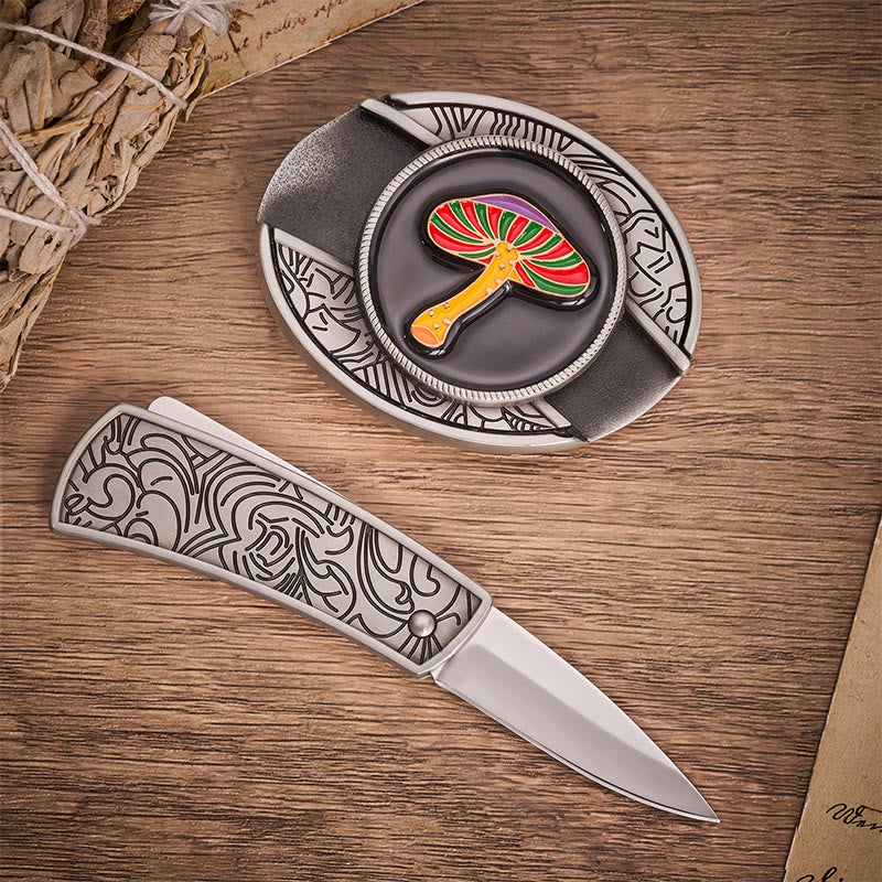 Rainbow Psychedelic Mushroom Hidden Folding Knife Buckle Leather Belt - image 1