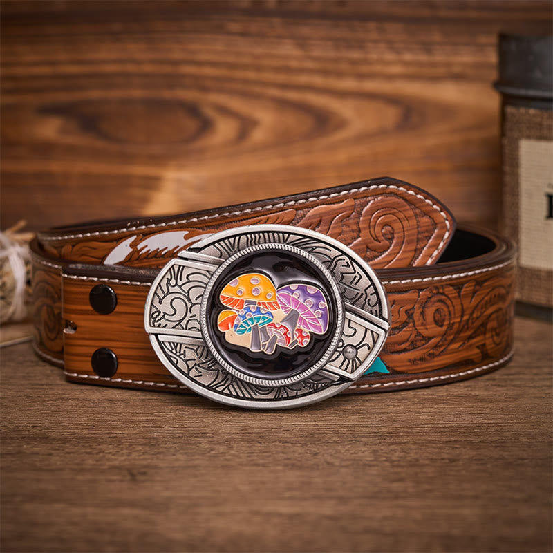 Magic Mushrooms Colorful Enamel Hidden Folding Knife Buckle Leather Belt - Magic Mushrooms - Brown Feather Belt - 40 - image 7