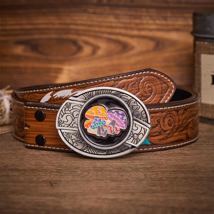 Magic Mushrooms Colorful Enamel Hidden Folding Knife Buckle Leather Belt - Magic Mushrooms - Brown Feather Belt - 40 - image 7