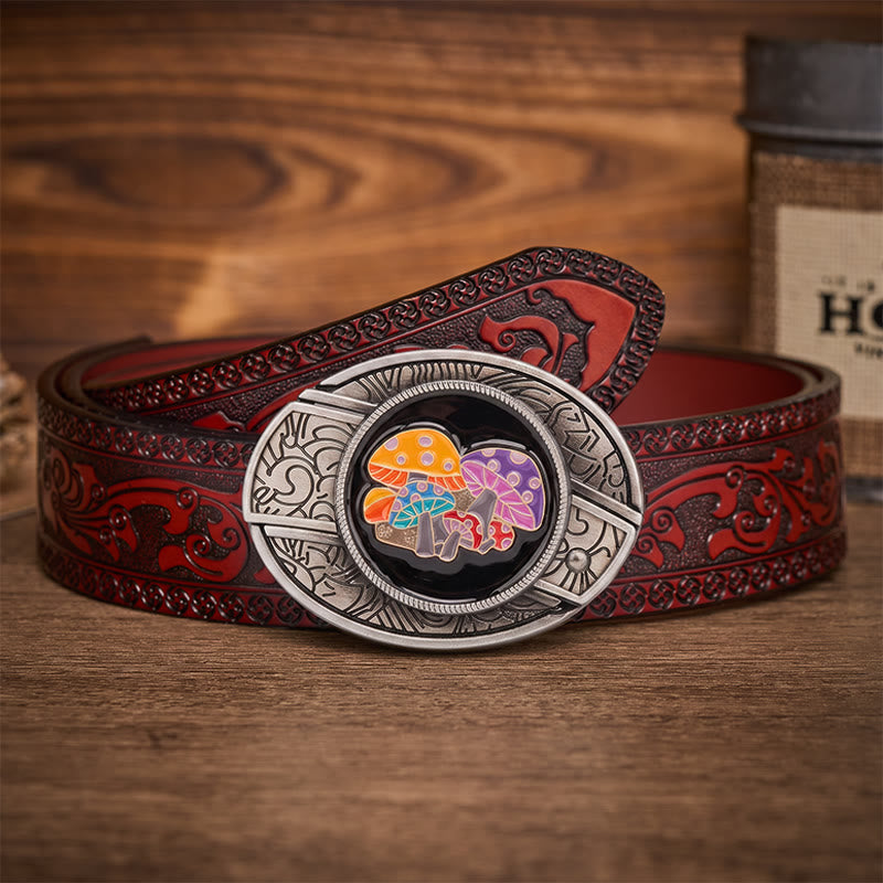 Magic Mushrooms Colorful Enamel Hidden Folding Knife Buckle Leather Belt - Magic Mushrooms - Brown Carved Belt - 42 - image 6