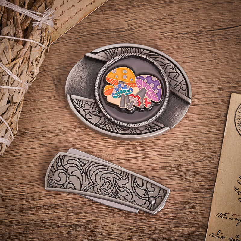 Magic Mushrooms Colorful Enamel Hidden Folding Knife Buckle Leather Belt - image 9