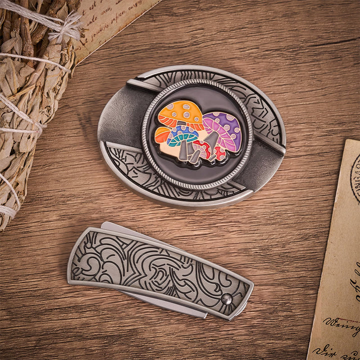Magic Mushrooms Colorful Enamel Hidden Folding Knife Buckle Leather Belt - image 9