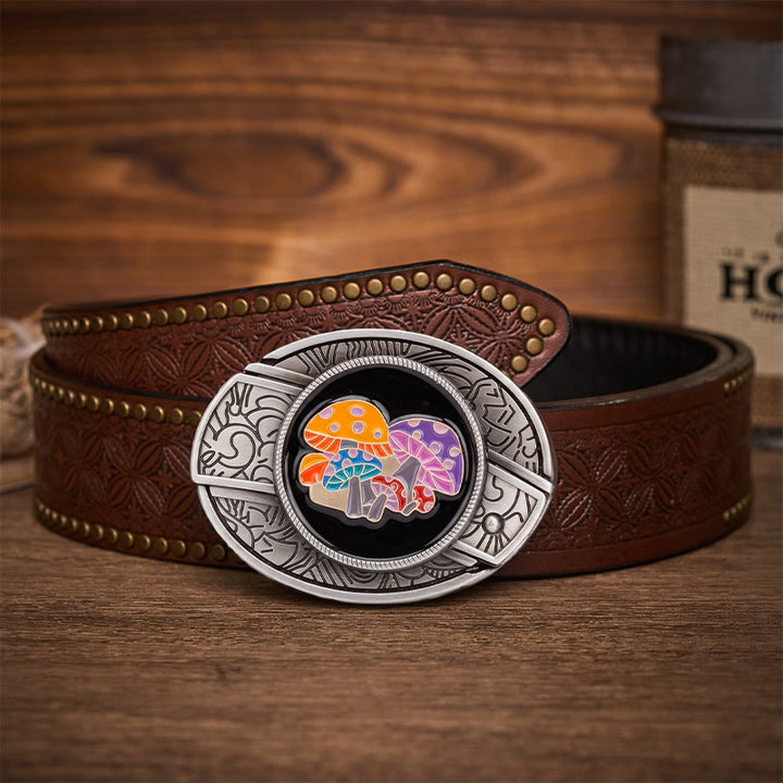 Magic Mushrooms Colorful Enamel Hidden Folding Knife Buckle Leather Belt - Magic Mushrooms - Brown Rivet Belt - 42 - image 4