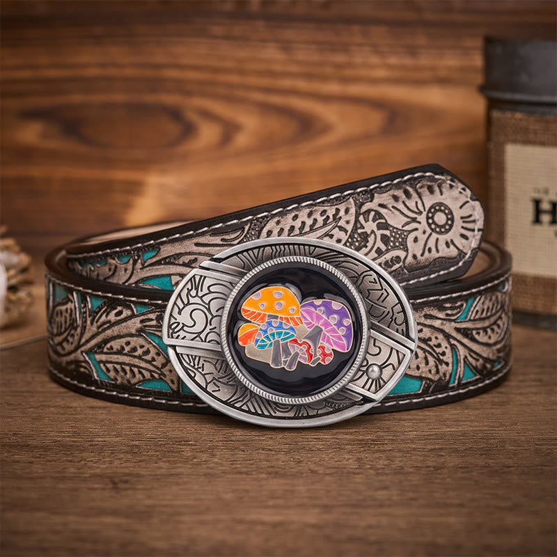 Magic Mushrooms Colorful Enamel Hidden Folding Knife Buckle Leather Belt - Magic Mushrooms - Gray Floral Belt - 42 - image 8