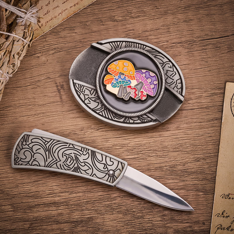 Magic Mushrooms Colorful Enamel Hidden Folding Knife Buckle Leather Belt - image 1