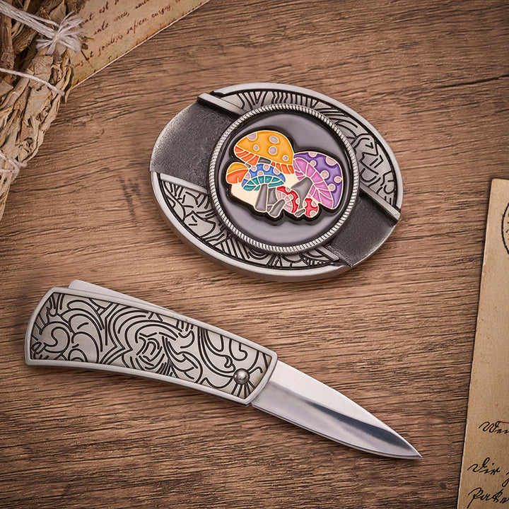 Magic Mushrooms Colorful Enamel Hidden Folding Knife Buckle Leather Belt - image 1