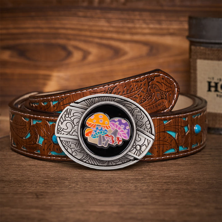 Magic Mushrooms Colorful Enamel Hidden Folding Knife Buckle Leather Belt - Magic Mushrooms - Turquoise Carved Belt - 42 - image 3