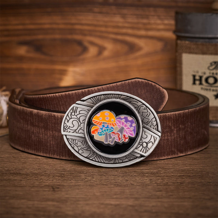 Magic Mushrooms Colorful Enamel Hidden Folding Knife Buckle Leather Belt - Magic Mushrooms - Brown Distressed Belt - 42 - image 5