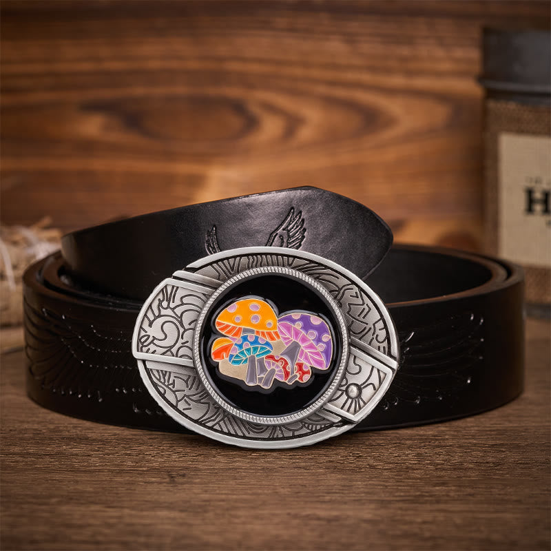 Magic Mushrooms Colorful Enamel Hidden Folding Knife Buckle Leather Belt - Magic Mushrooms - Black Embossed Eagle Belt - 42 - image 2