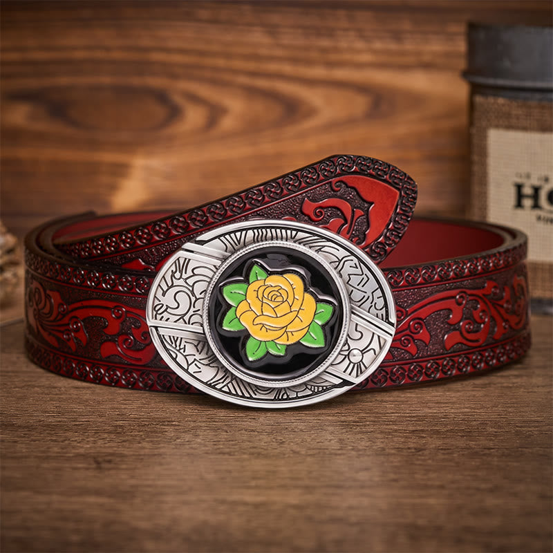 Friendship Yellow Rose Western Hidden Folding Knife Buckle Leather Belt - Yellow Rose - Brown Carved Belt - 42 - image 6