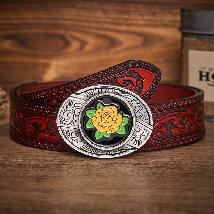 Friendship Yellow Rose Western Hidden Folding Knife Buckle Leather Belt - Yellow Rose - Brown Carved Belt - 42 - image 6