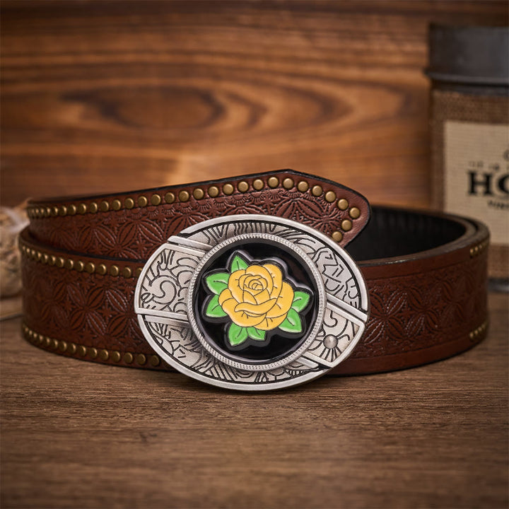 Friendship Yellow Rose Western Hidden Folding Knife Buckle Leather Belt - Yellow Rose - Brown Rivet Belt - 42 - image 4