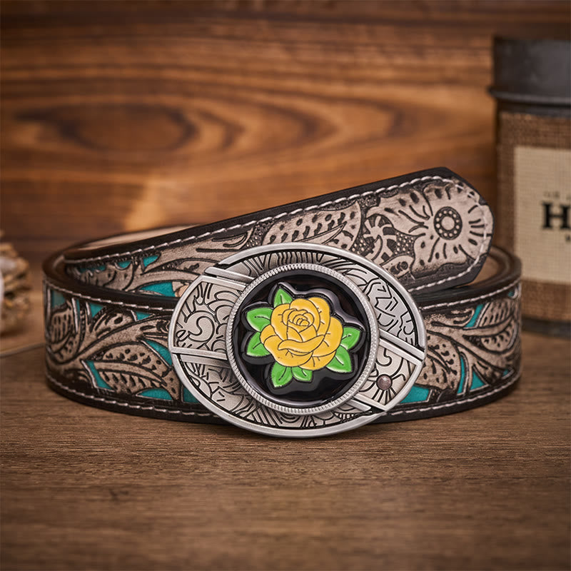Friendship Yellow Rose Western Hidden Folding Knife Buckle Leather Belt - Yellow Rose - Gray Floral Belt - 42 - image 8